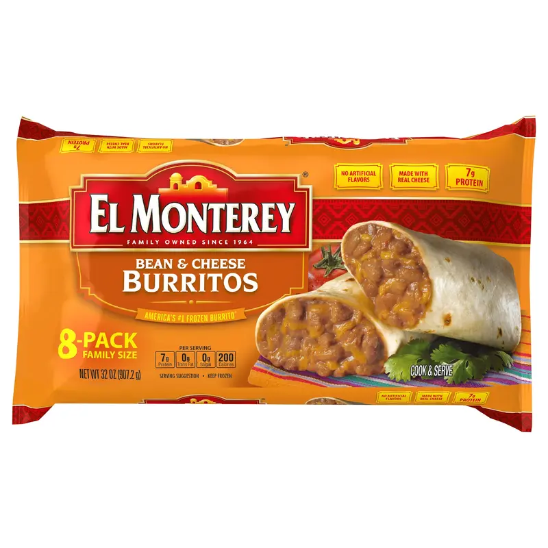 El Monterey Bean and Cheese Burritos 8 ct, 32 oz Family Size (Frozen)