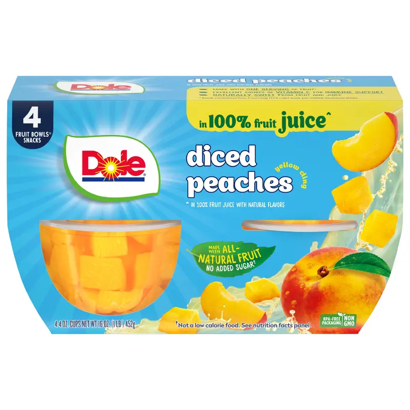 Dole Yellow Cling Diced Peaches in 100% Fruit Juice with Natural Flavors 4 - 4 oz Cups