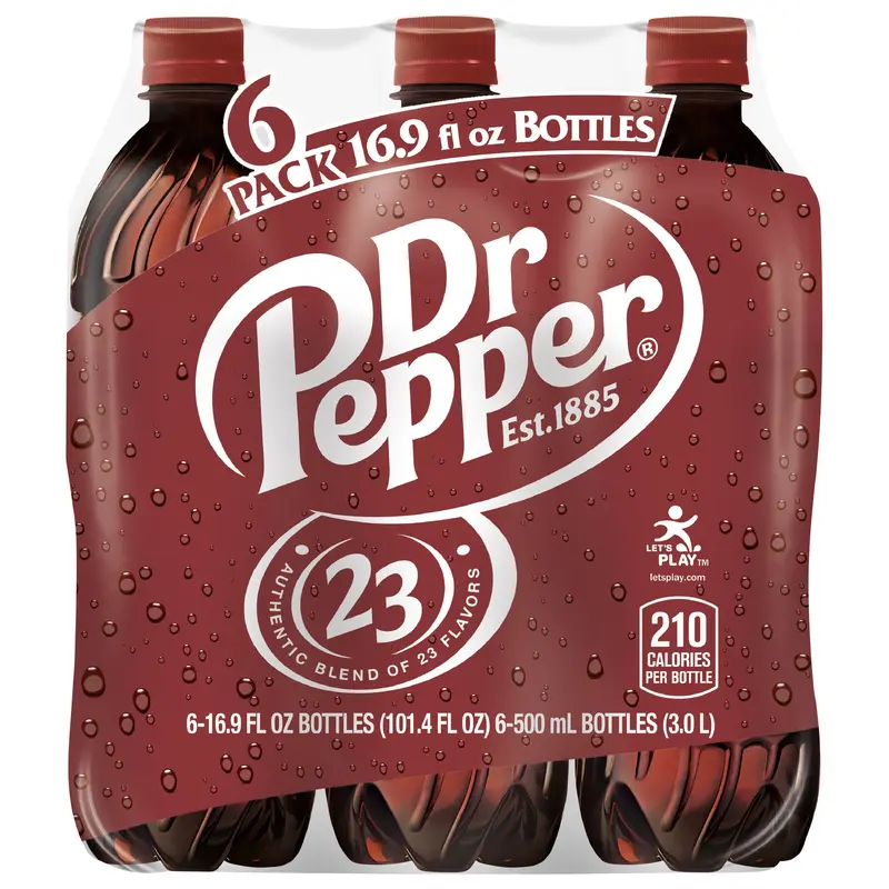 Dr Pepper Soda, .5 L bottles, 6 pack