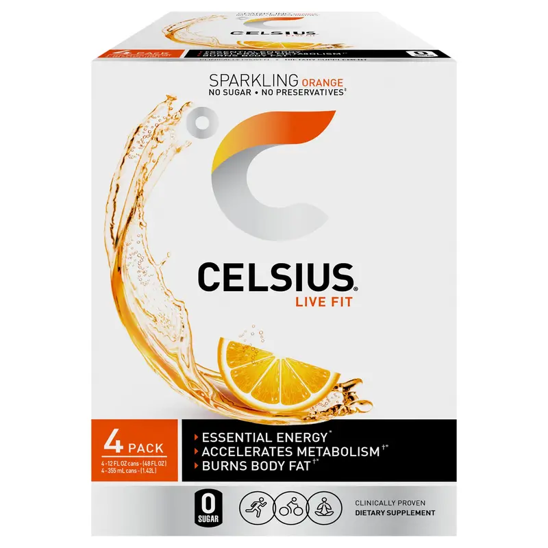 Celsius Sparkling Orange 12 Fluid Ounce Sleek Can, 4 Count