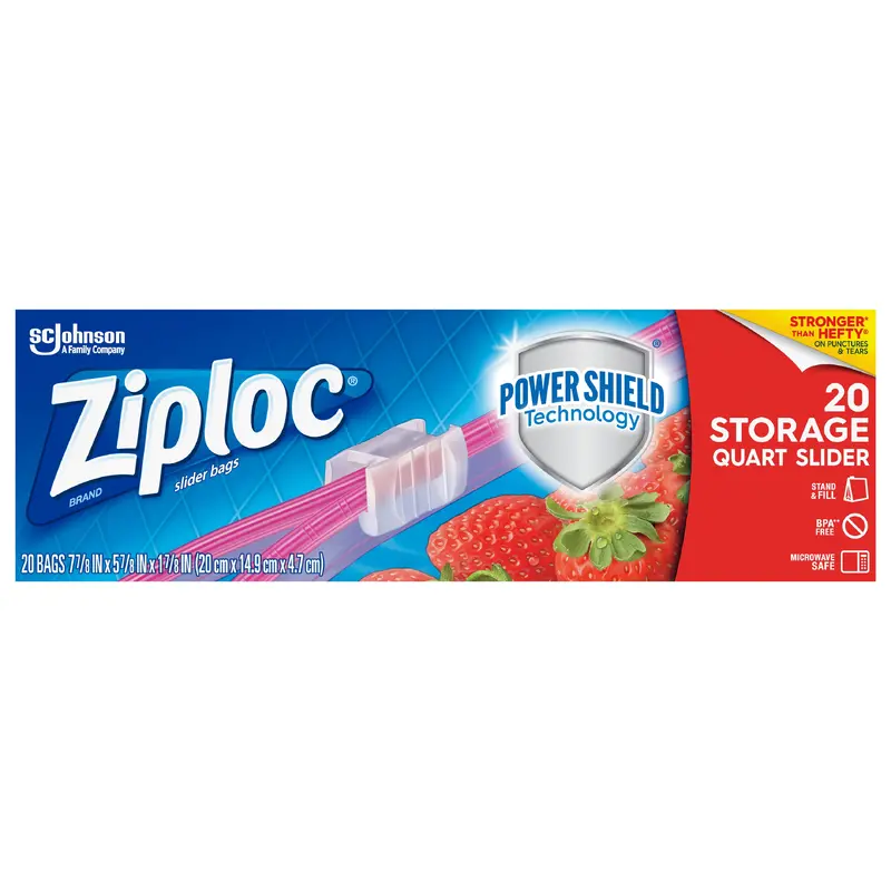 Ziploc Slider Storage Bags, Reusable Quart Size Bags, Power Shield Technology, 20 Count