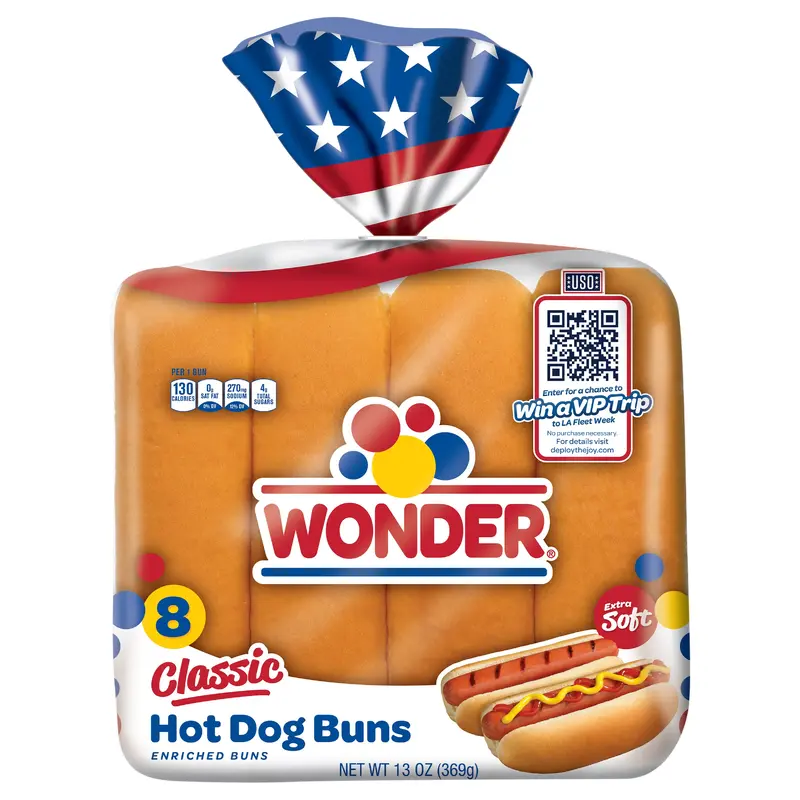 Wonder Bread Classic Hot Dog Buns, White Bread Hot Dog Buns USO, 8 Count