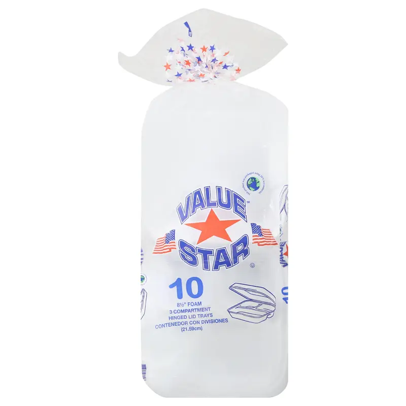 Value Star 8-1/2 Inch Foam 3 Compartment Hinged Lid Trays 10 ea