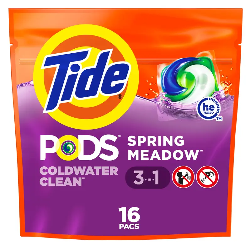 Tide PODS Laundry Detergent Soap Pacs, HE Compatible, 16 ct, Powerful 3-in-1 Clean, Spring Meadow