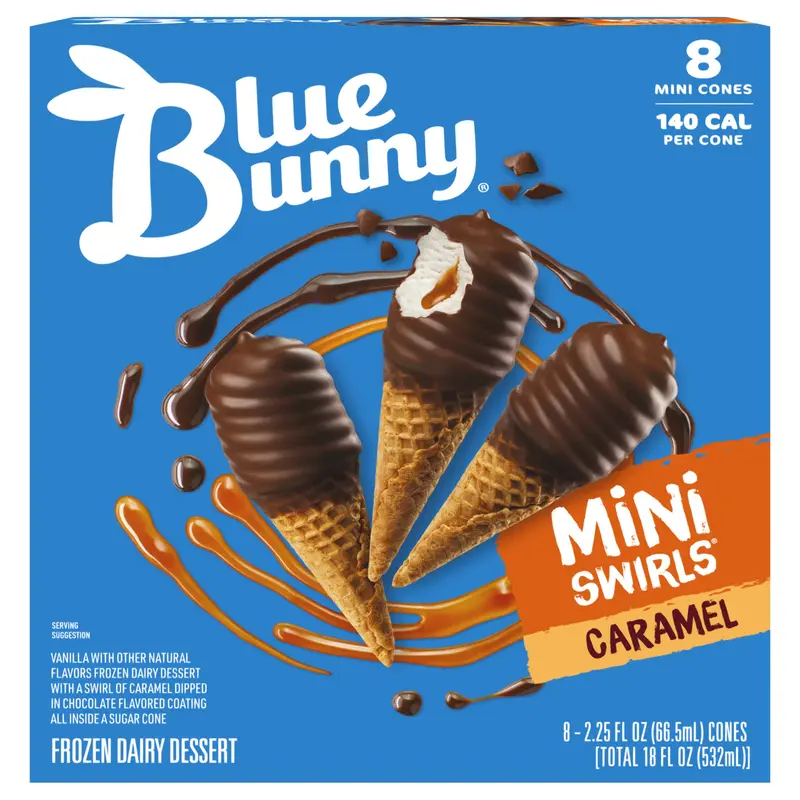 Blue Bunny Mini Swirls Caramel Cones, Frozen Dessert, 8 Pack