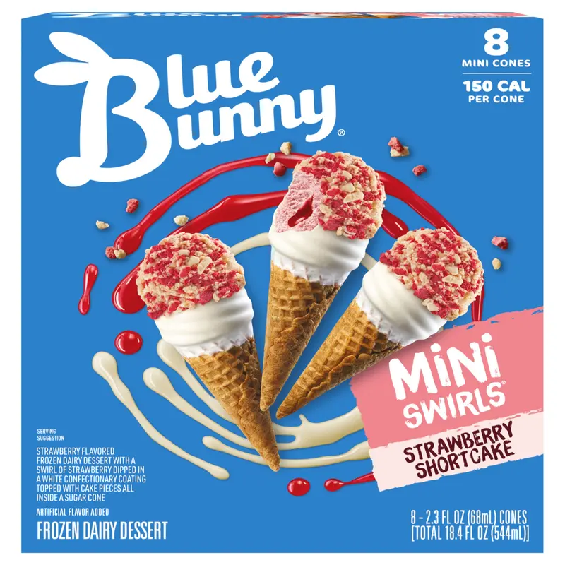 Blue Bunny Mini Swirls Strawberry Shortcake Cones, Frozen Dessert, 8 Pack