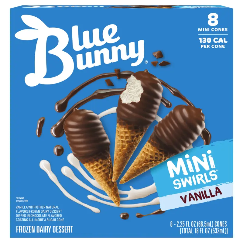 Blue Bunny Mini Swirls Vanilla Cones, Frozen Dessert, 8 Pack