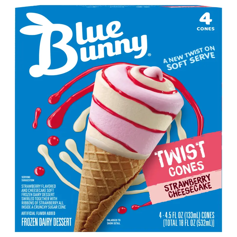 Blue Bunny Strawberry Cheesecake Twist Cones, Frozen Dessert, 4 Pack
