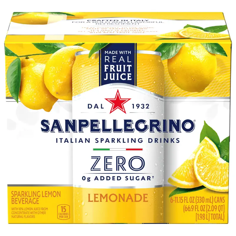 SanPellegrino Zero Grams Added Sugar Italian Sparkling Drinks Lemonade, Sparkling Lemon Beverage, 6 Pack of 11.15 Fl Oz Cans