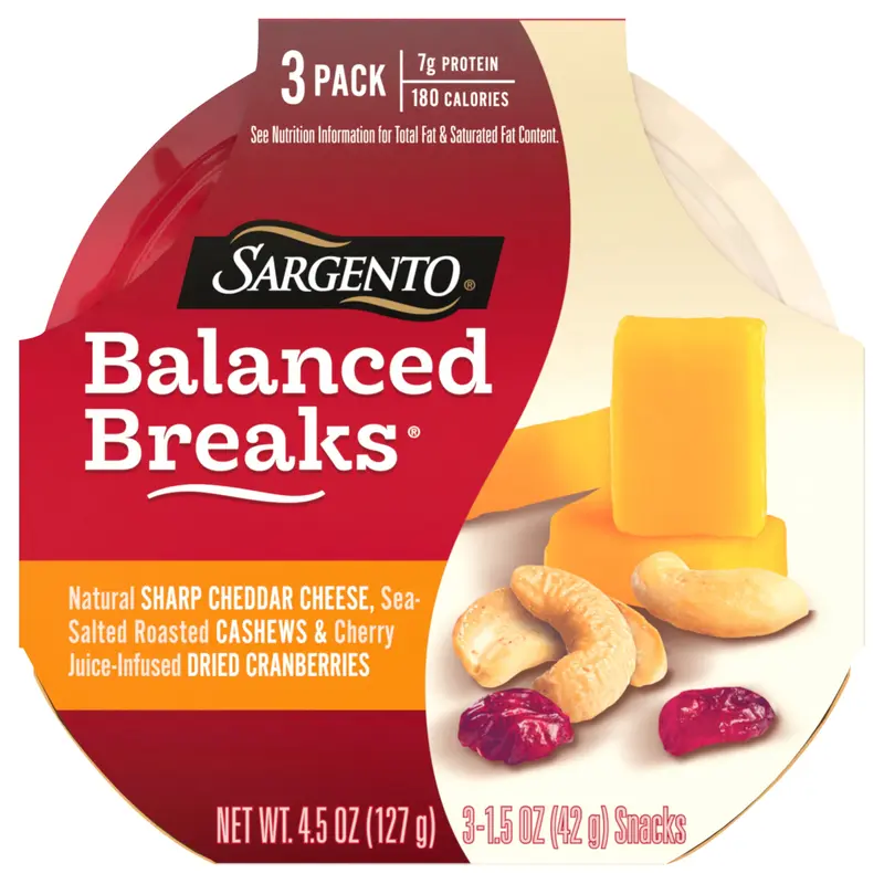 Sargento Balanced Breaks Natural Sharp Cheddar Cheese, Sea-Salted Cashews and Cherry Juice-Infused Dried Cranberries, 3-Pack