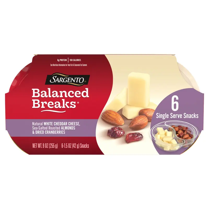 Sargento Balanced Breaks Natural White Cheddar Cheese, Sea-Salted Roasted Almonds, Dried Cranberries, 6-Pack