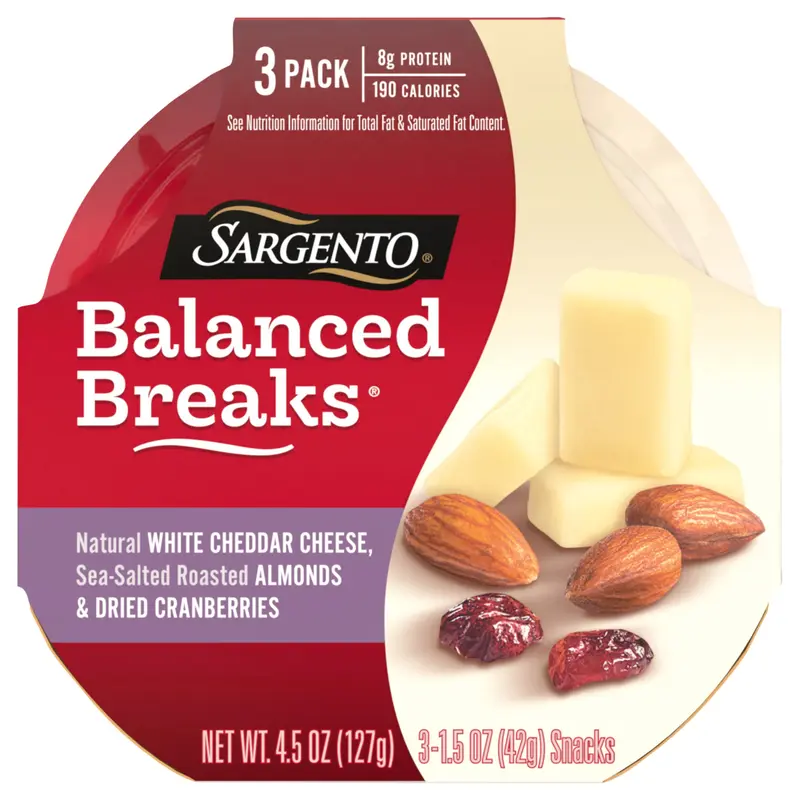 Sargento Balanced Breaks Snacks Natural White Cheddar Cheese, Sea-Salted Roasted Almonds and Dried Cranberries, 3-Pack
