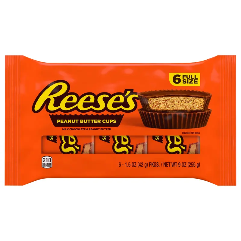 REESE'S Milk Chocolate Peanut Butter Cups, Candy Packs, 1.5 oz (6 Count)