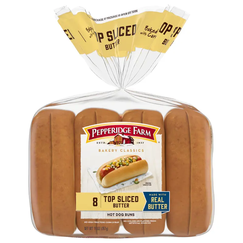 Pepperidge Farm Butter Hot Dog Buns, Top Sliced, 8-Pack Bag
