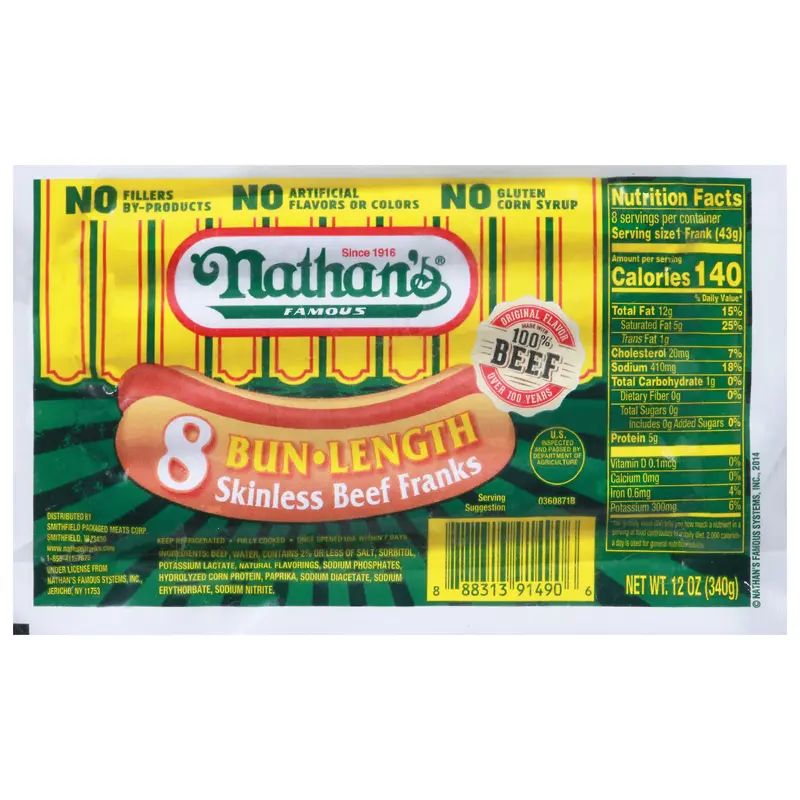 Nathan's Famous Bun Length Skinless Beef Franks 8 ea