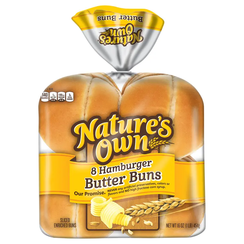 Nature's Own Hamburger Butter Buns, Soft White Bread Hamburger Buns. 8 Count