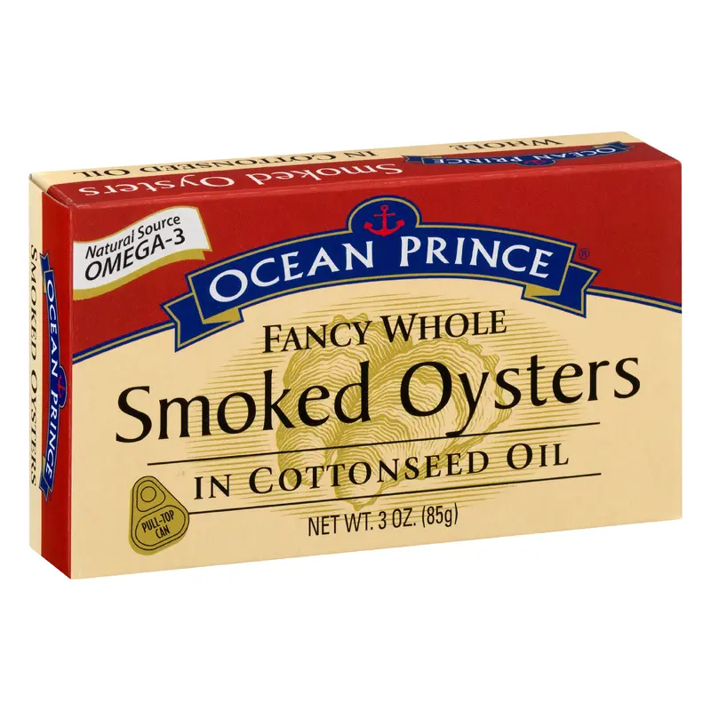Ocean Prince Fancy Whole in Cottonseed Oil Smoked Oysters 3 oz