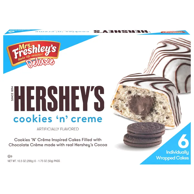 Mrs. Freshley's Deluxe HERSHEY'S COOKIES 'N' CREME Cakes, 6 Count, 6 Individually Wrapped Cakes