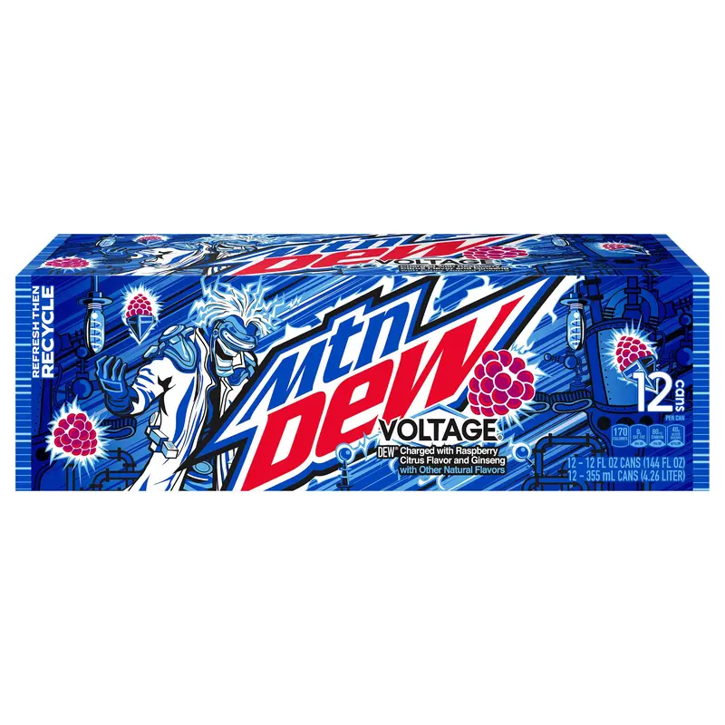 Mtn Dew Voltage Dew Soda Charged With Raspberry Citrus And Ginseng Flavor 12 Fl Oz 12 Count