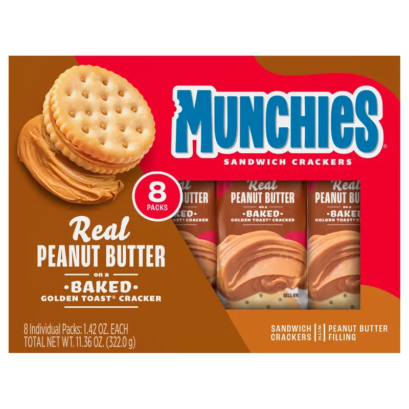 Munchies Sandwich Crackers Real Peanut Butter Baked Golden Toast 1.42 Oz 8 Count