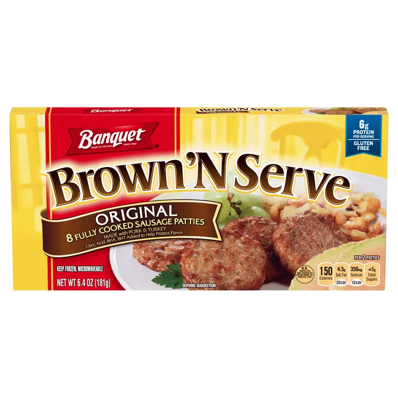 Banquet Brown N Serve Original Fully Cooked Sausage Patties, Frozen Meat, 8 Count, 6.4 OZ
