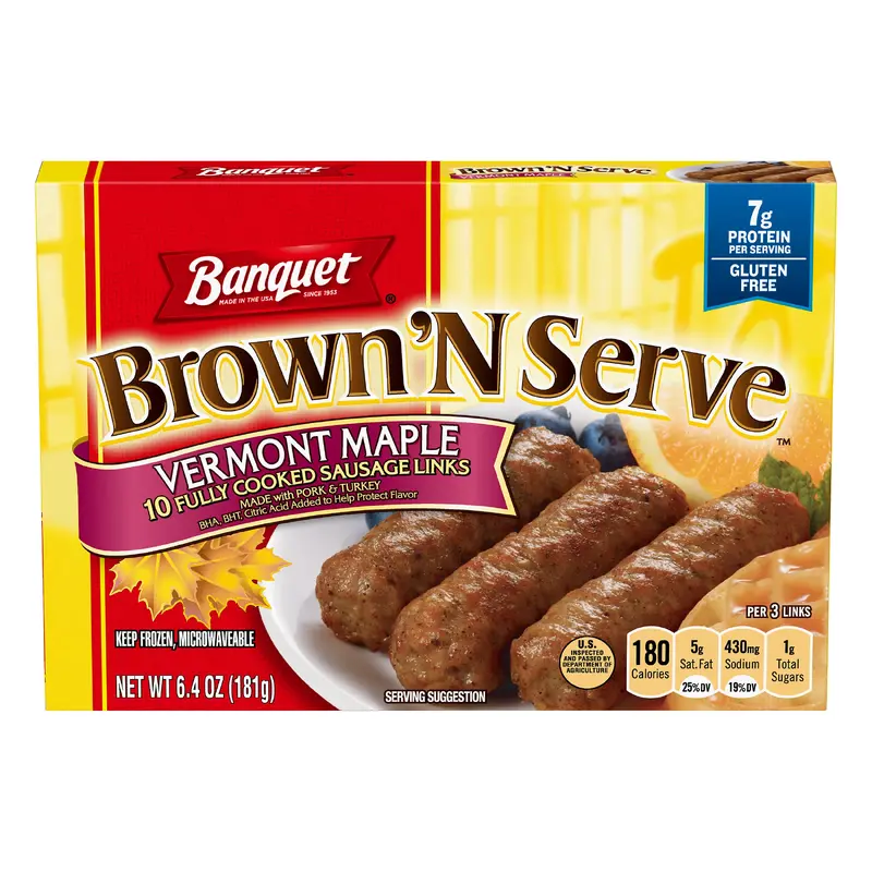 Banquet Brown N Serve Vermont Maple Fully Cooked Sausage Links, Frozen Meat, 10 Count, 6.4 OZ
