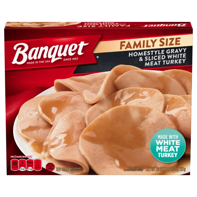 Banquet Family Size Homestyle Gravy and Sliced White Meat Turkey, Frozen Meal, 26 OZ