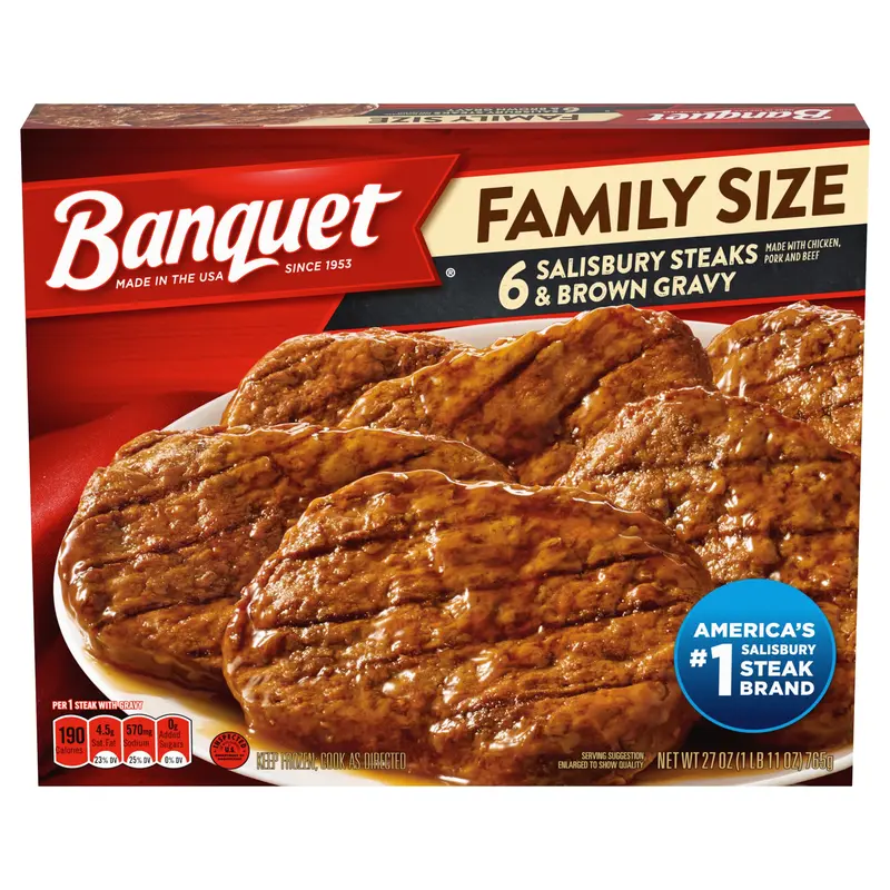Banquet Family Size Salisbury Steaks and Brown Gravy, Frozen Meal, 27 OZ