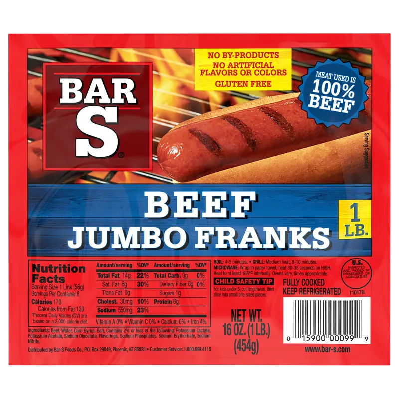 Bar-S Beef Jumbo Franks Hot Dogs, 8 Franks Per Package, 1 Pound Pack