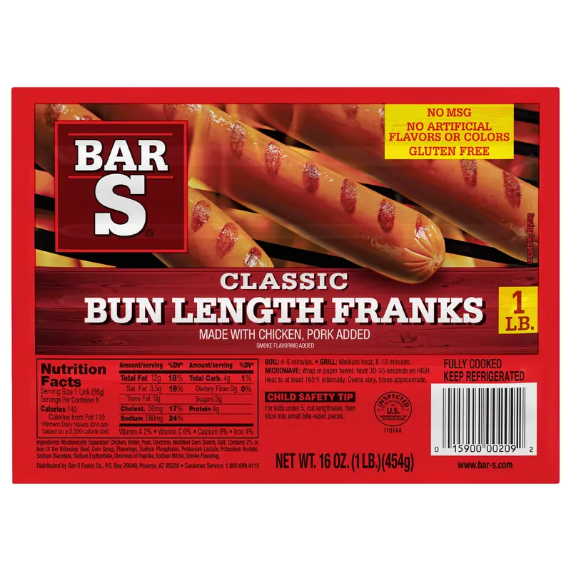 Bar-S Classic Bun Length Franks Hot Dog, 8 Franks Per Package, 1 Pound Pack