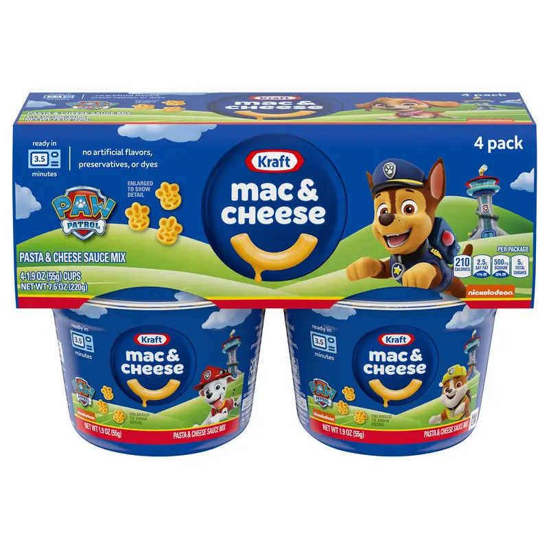Kraft Mac & Cheese Macaroni and Cheese Dinner Easy Microwavable Dinner with Nickelodeon Paw Patrol Pasta Shapes, 4 ct Pack, 1.9 oz Cups