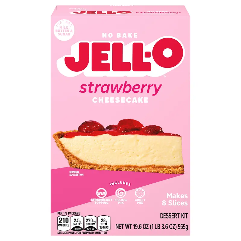 Jell-O No Bake Strawberry Cheesecake Dessert Kit with Strawberry Topping, Filling Mix and Crust Mix, 19.6 oz Box