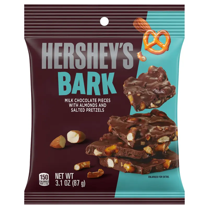 HERSHEY'S Milk Chocolate Candy, Almonds and Salted Pretzels Bark Bag, 3.1 oz