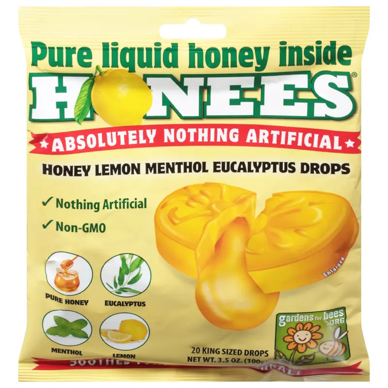 Honees Menthol Honey Lemon Eucalyptus Drops King Sized 20 ea