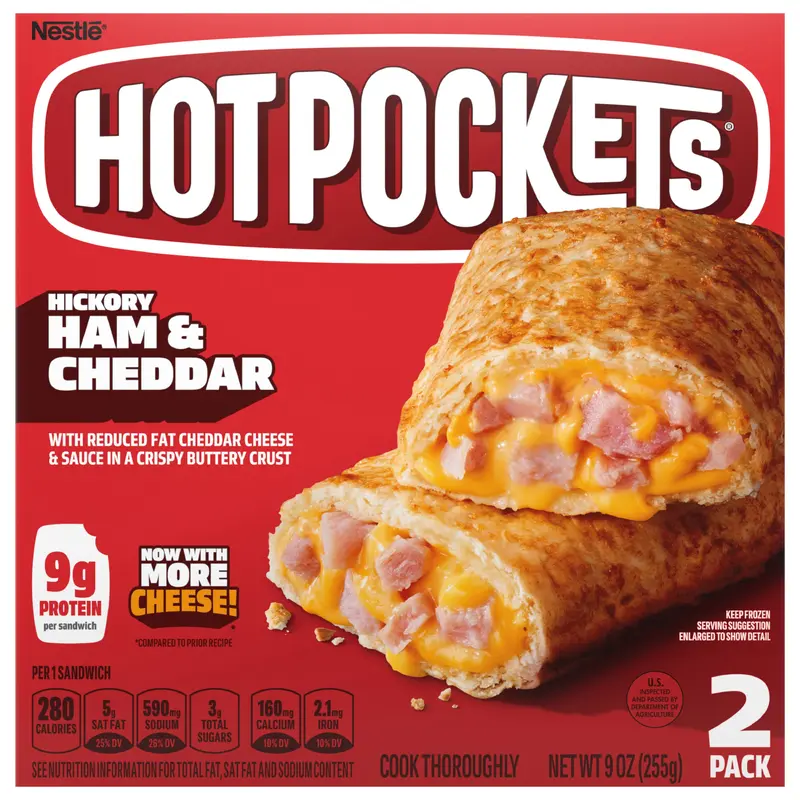 Hot Pockets Hickory Ham & Cheddar Frozen Snacks in a Crispy Buttery Crust, Frozen Ham and Cheese Sandwiches Made with Real Reduced Fat Cheddar Cheese, 2 Count Frozen Sandwiches