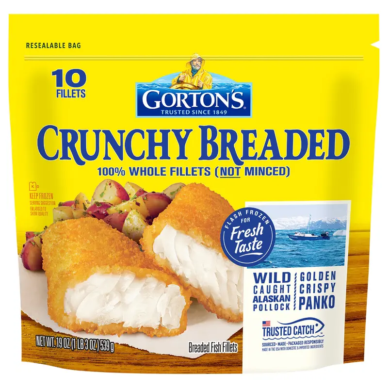 Gortons Crunchy Breaded Fish 100% Whole Fillets, Wild Caught Alaskan Pollock with Crunchy Panko Breadcrumbs, Frozen, 10 Count, 19 Ounce Resealable Bag