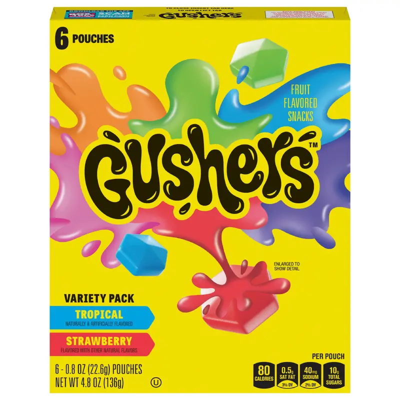 Gushers Fruit Flavored Snacks, Strawberry Splash and Tropical, 6 ct