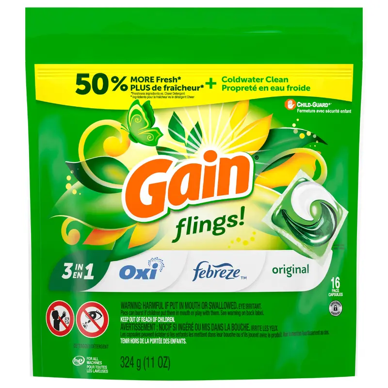 Gain flings Laundry Detergent Soap Pacs, HE Compatible, 16 Count, Long Lasting Scent, Original Scent