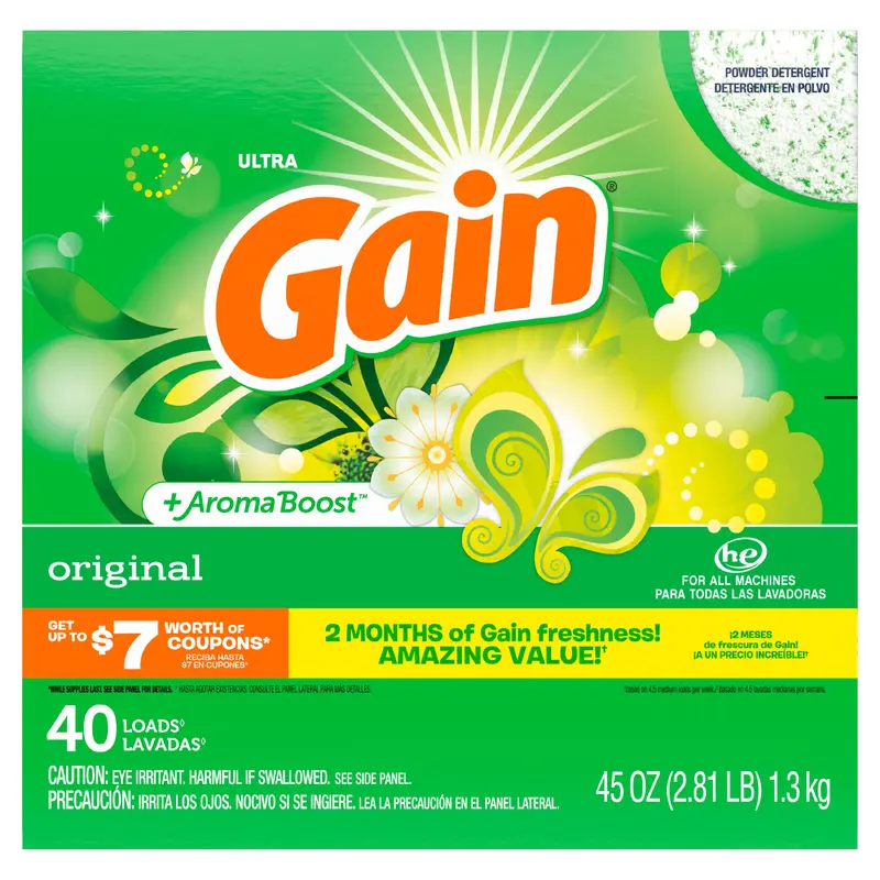 Gain Powder Laundry Detergent for Regular and HE Washers, Original Scent, 45 ounces, 40 loads