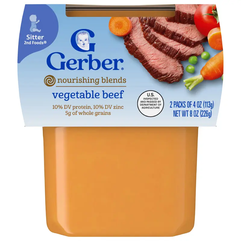 Gerber Stage 2 Baby Food, Vegetable Beef Dinner, 4 oz Tubs (2 Pack)