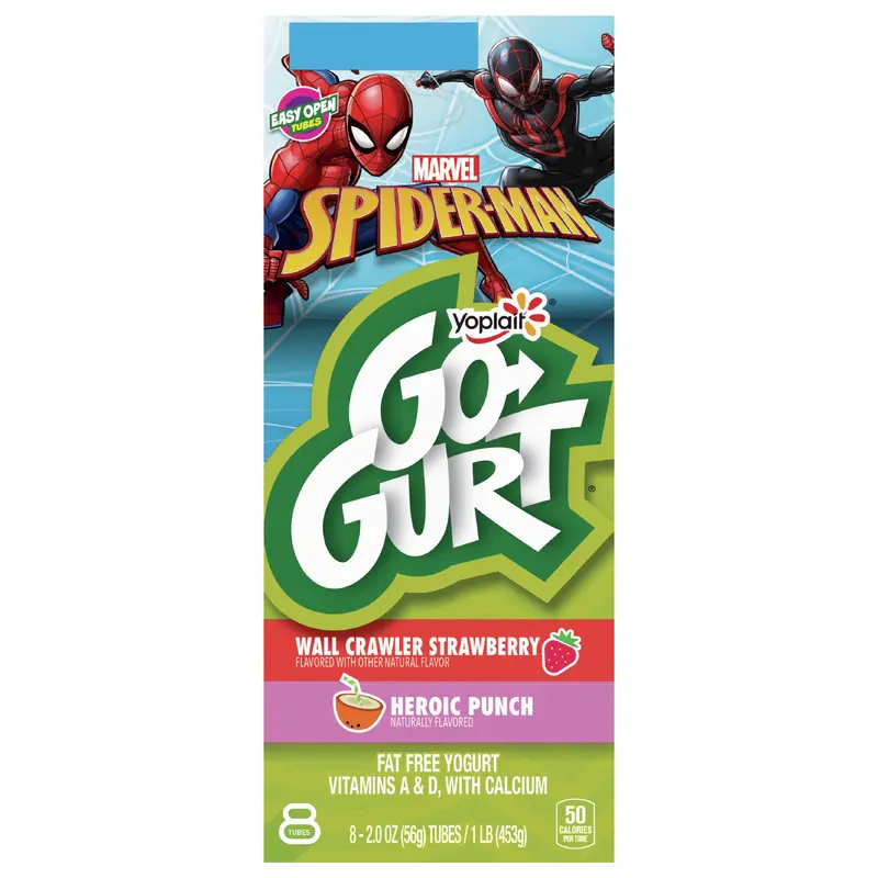 Go-GURT Marvel Spider-Man Wall Crawler Strawberry and Heroic Punch Kids Fat Free Yogurt Variety Pack, Gluten Free, 2 oz Yogurt Tubes (8 Count)
