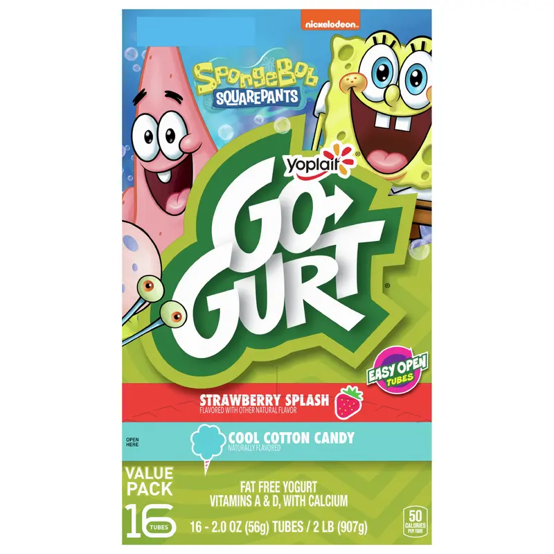 Go-GURT SpongeBob SquarePants Strawberry Splash and Cool Cotton Candy Kids Fat Free Yogurt Variety Pack, Gluten Free, 2 oz Yogurt Tubes (16 Ct)