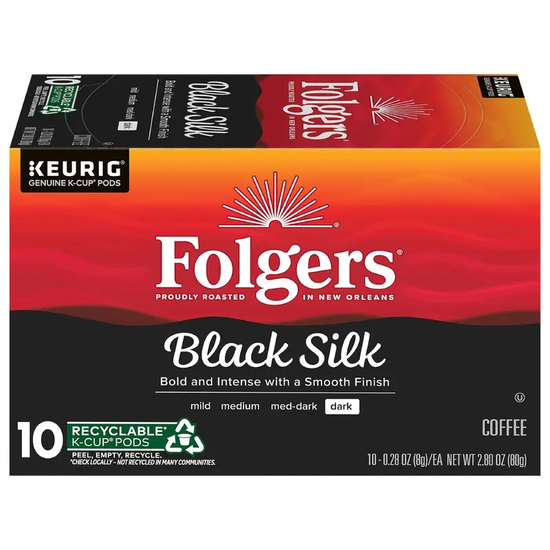 Folgers Black Silk Coffee, Dark Roast, Keurig K-Cup Pods, 10 Count Box