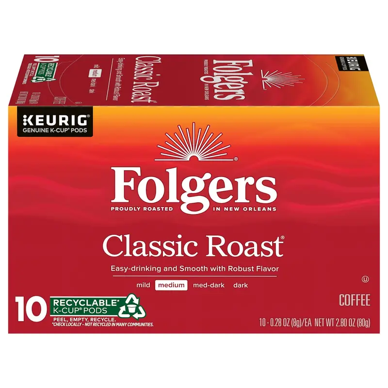 Folgers Classic Roast Coffee, Medium Roast, Keurig K-Cup Pods, 10 Count Box