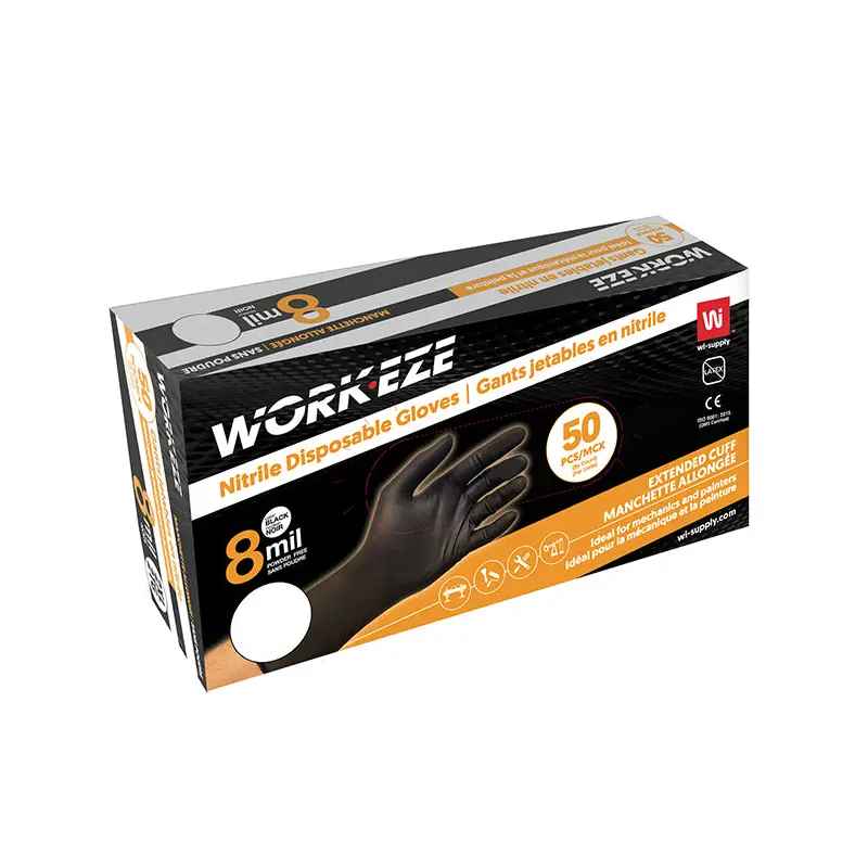WORKEZE - 8MIL NITRILE BLACK GLOVE EXTENDED CUFF LARGE 10x50 CT