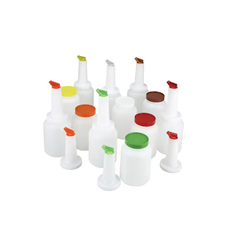 WINCO - 1qt LIQUOR/JUICE POUR BOTTLE SET, 2 of EACH  COLOR EA