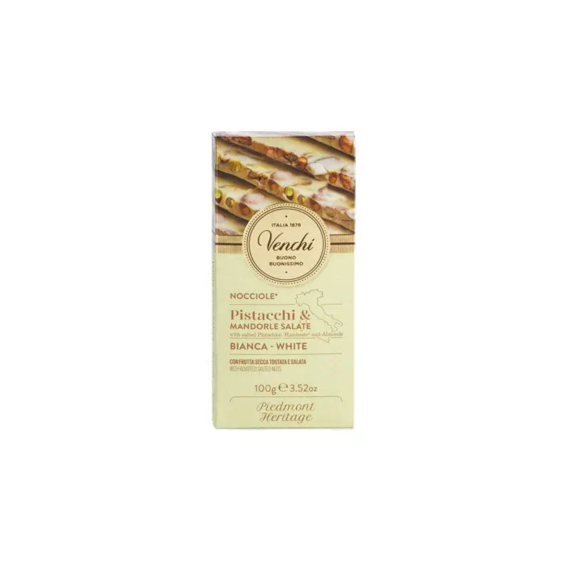 VENCHI - WHITE SALTED HAZELNUT& ALMOND PISTACHIO BAR 100GR