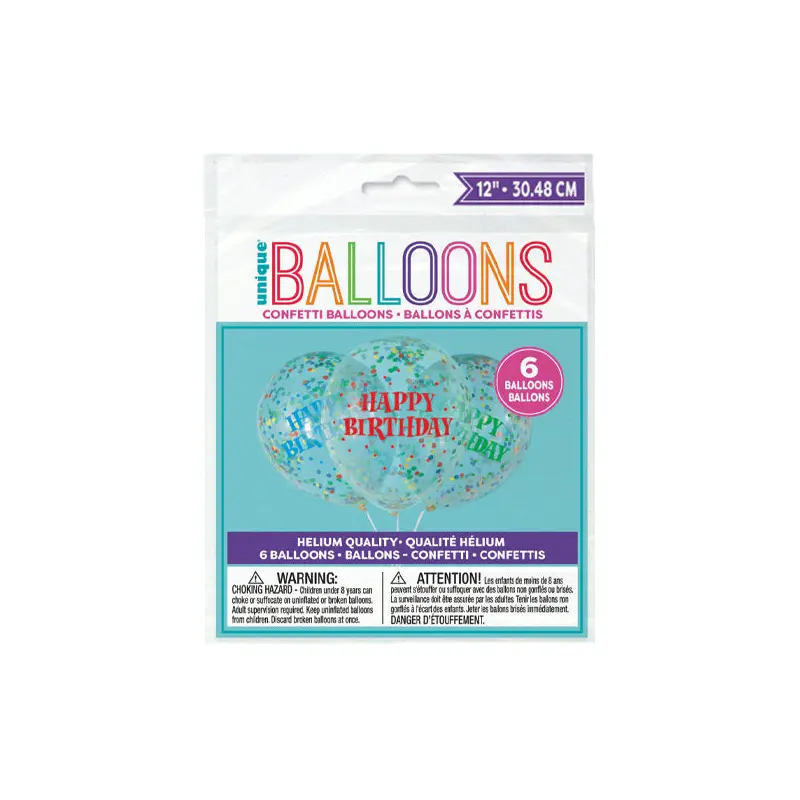 UNIQUE - BIRTHDAY CLEAR LATEX BALLON W/BRIGHT CONFETTI 6CT