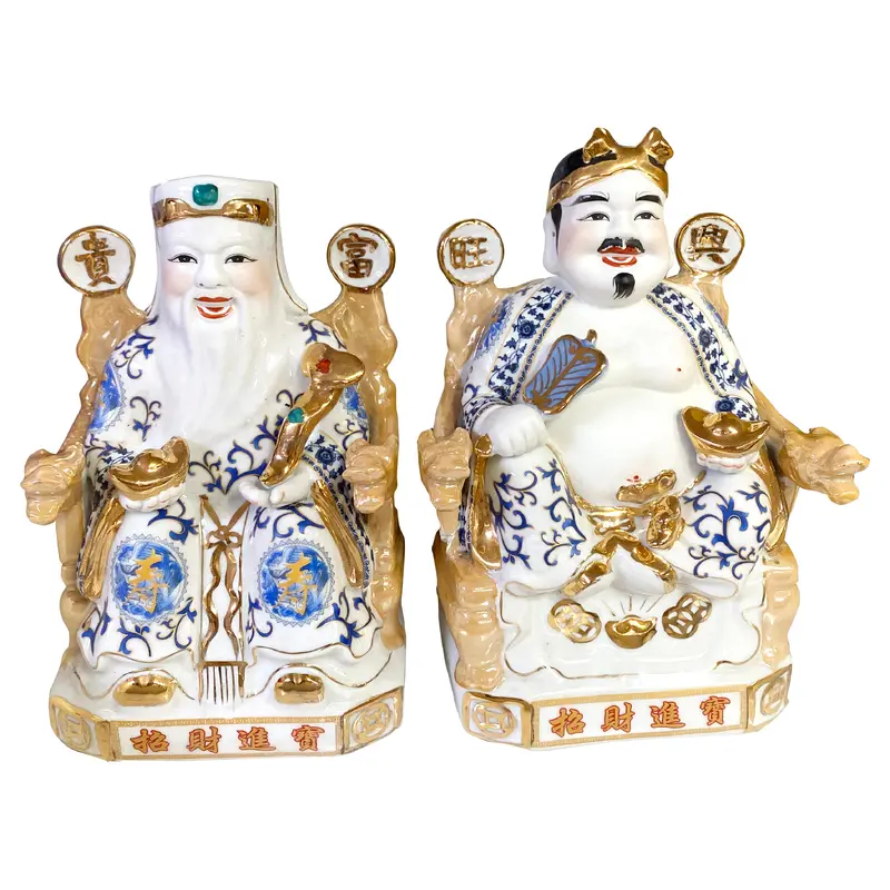 Couple Of Earth God Statue Brocade Blue Premium 20   Tuong Tai Dia Gam Xanh 20cm 8" 1set x 1