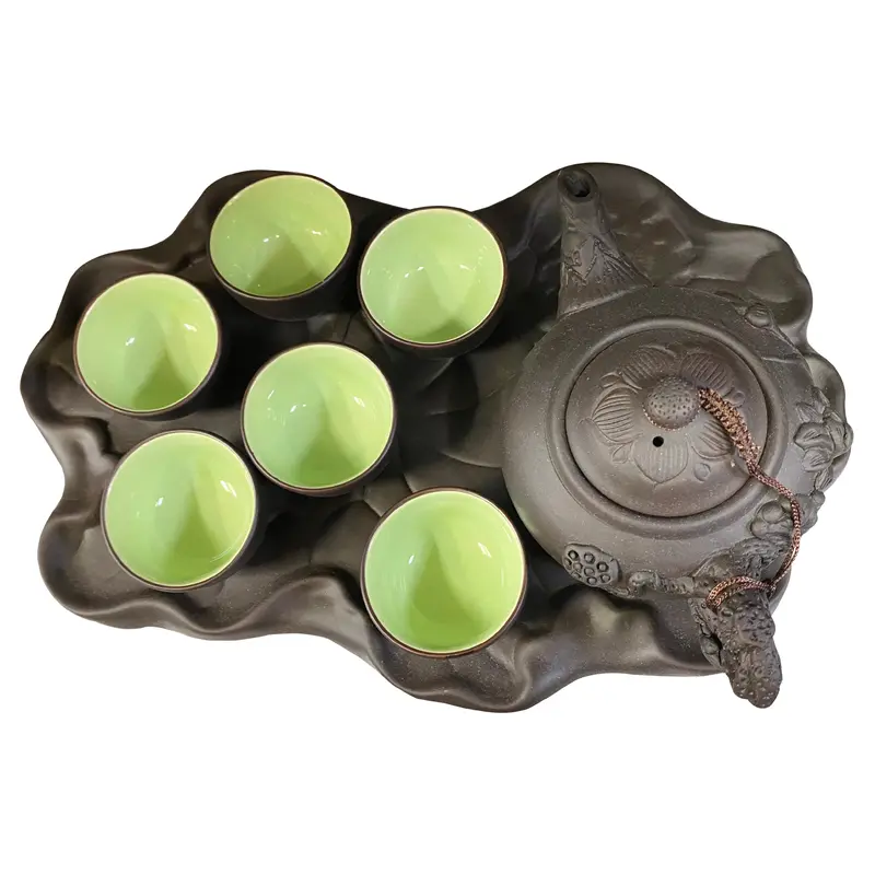 Bat Trang 6 Cups Terracotta Tea Set With Lotus Tray Bo Am 6 Chen Ba Chan Khay La Sen 1 set x 1